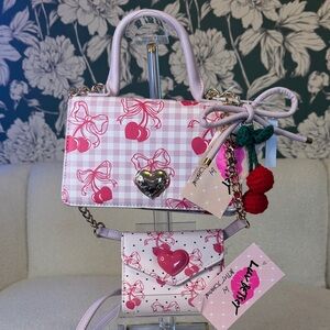 Betsey Johnson Bundle of Pink Gingham Heart Bag and Matching Wallet